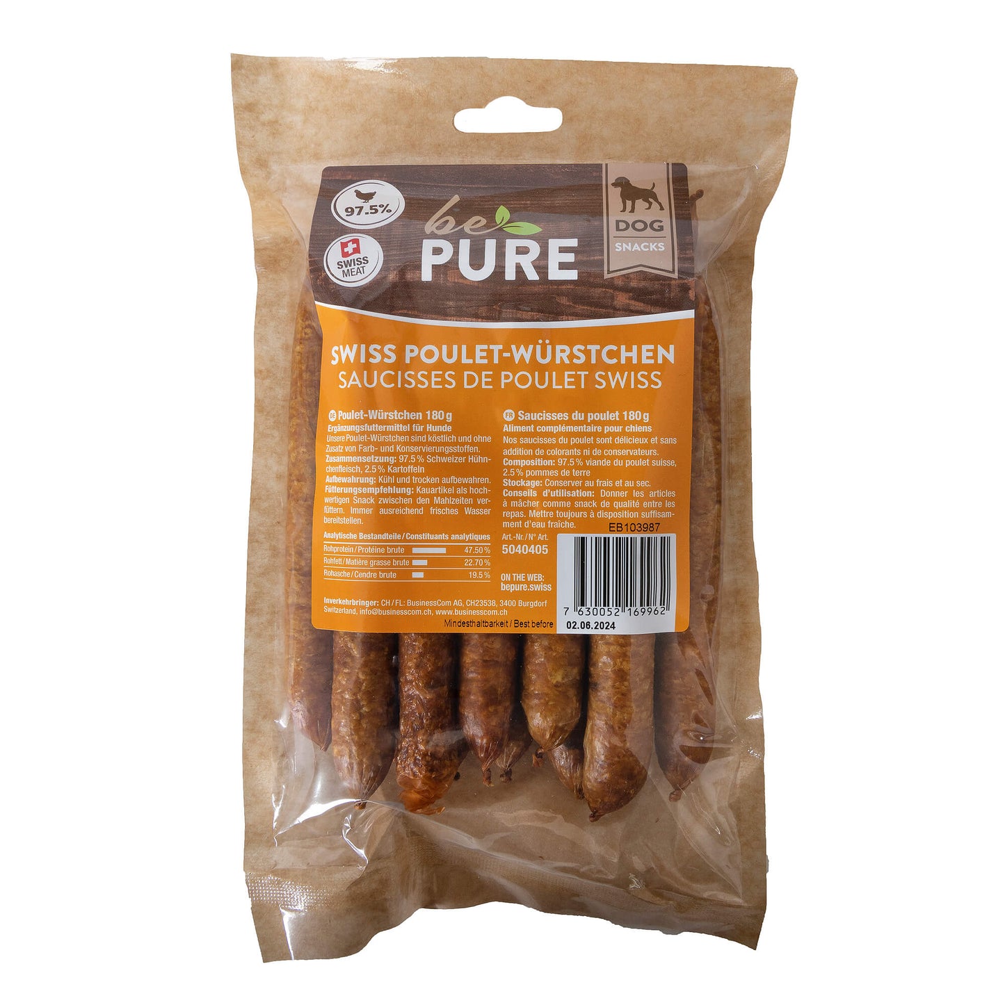 bePure Swiss Poulet-Würstchen Kauartikel für Hunde