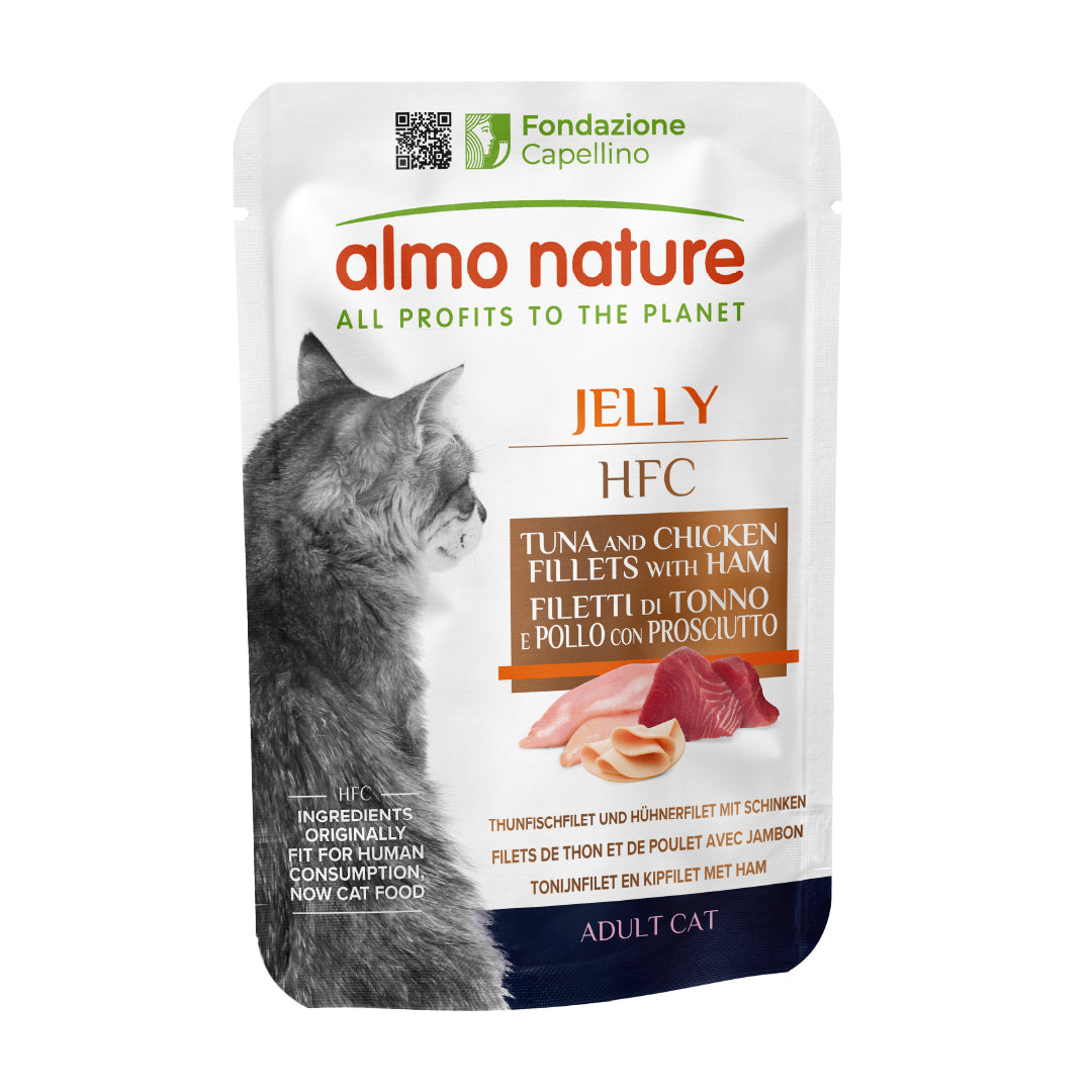 Almo Nature HFC Jelly Cat Thunfischfilet und Hühnerfilet mit Schinken Nassfutter für Katzen